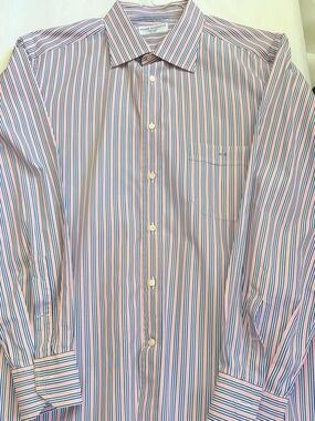 Eddy Monetti Italian Long-Sleeve Striped Dress Shirt in Blue & Pink - XL